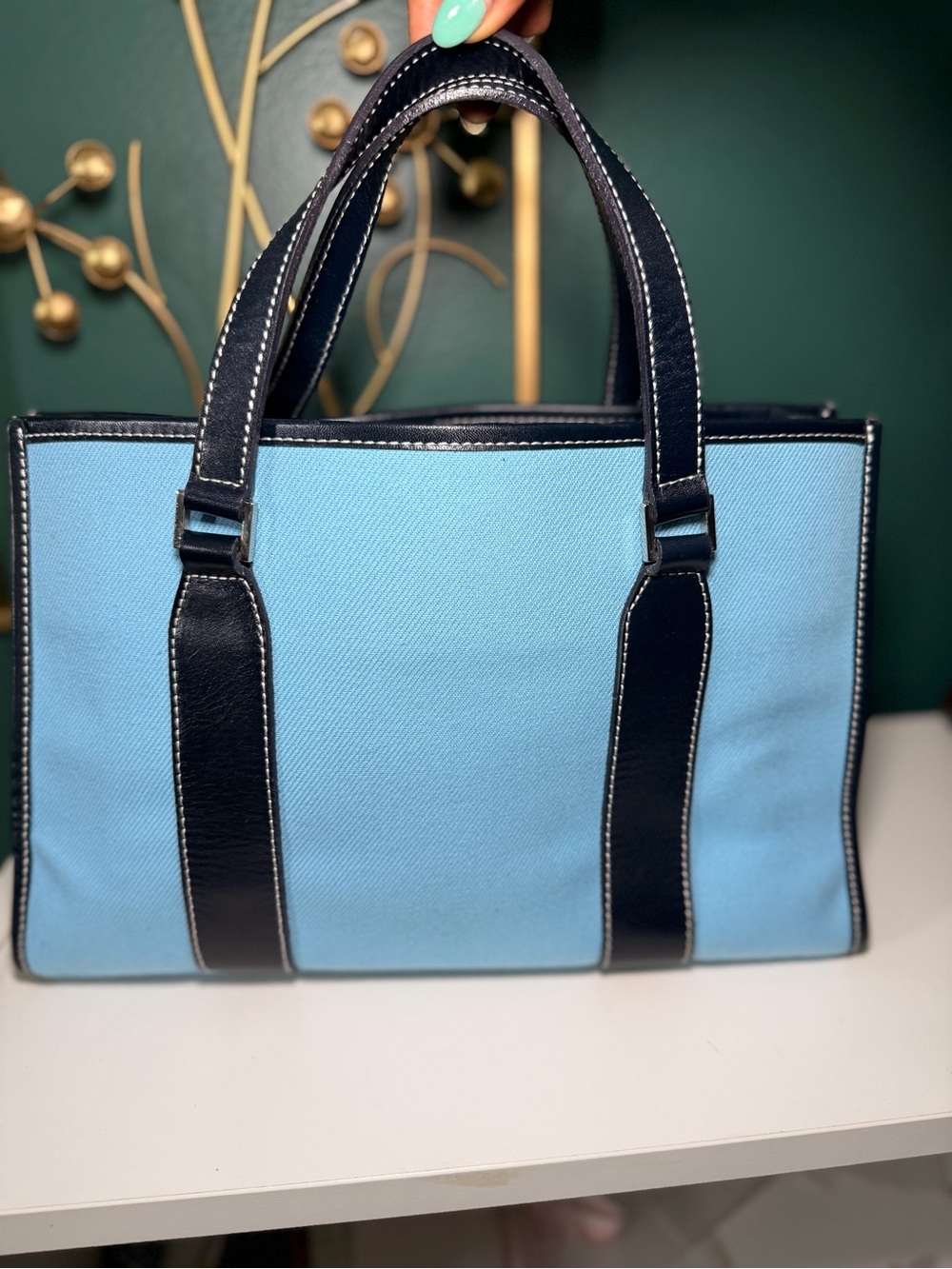 Burberry Light Blue Canvas Tote with Navy Leather Trim